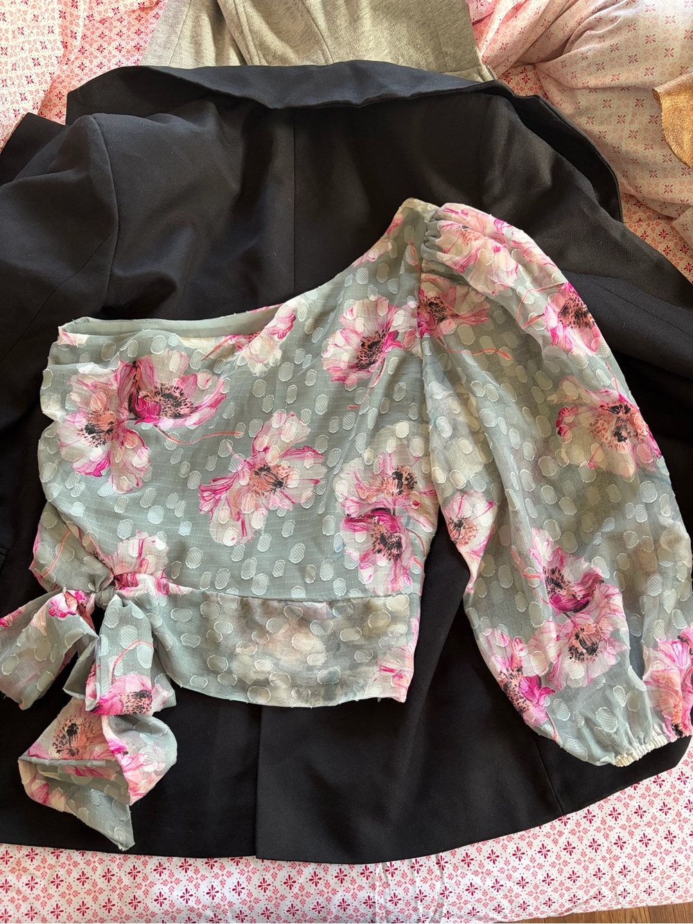 Express One Shoulder Floral Clip Dot Tie Waist Top